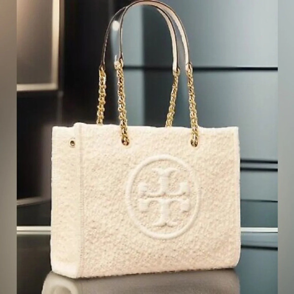 TORY BURCH ELLA LOGO CREAM BOUCLE TOTE BAG LEATHER/CHAIN HANDLE NWT $698 RARE - Picture 4 of 13